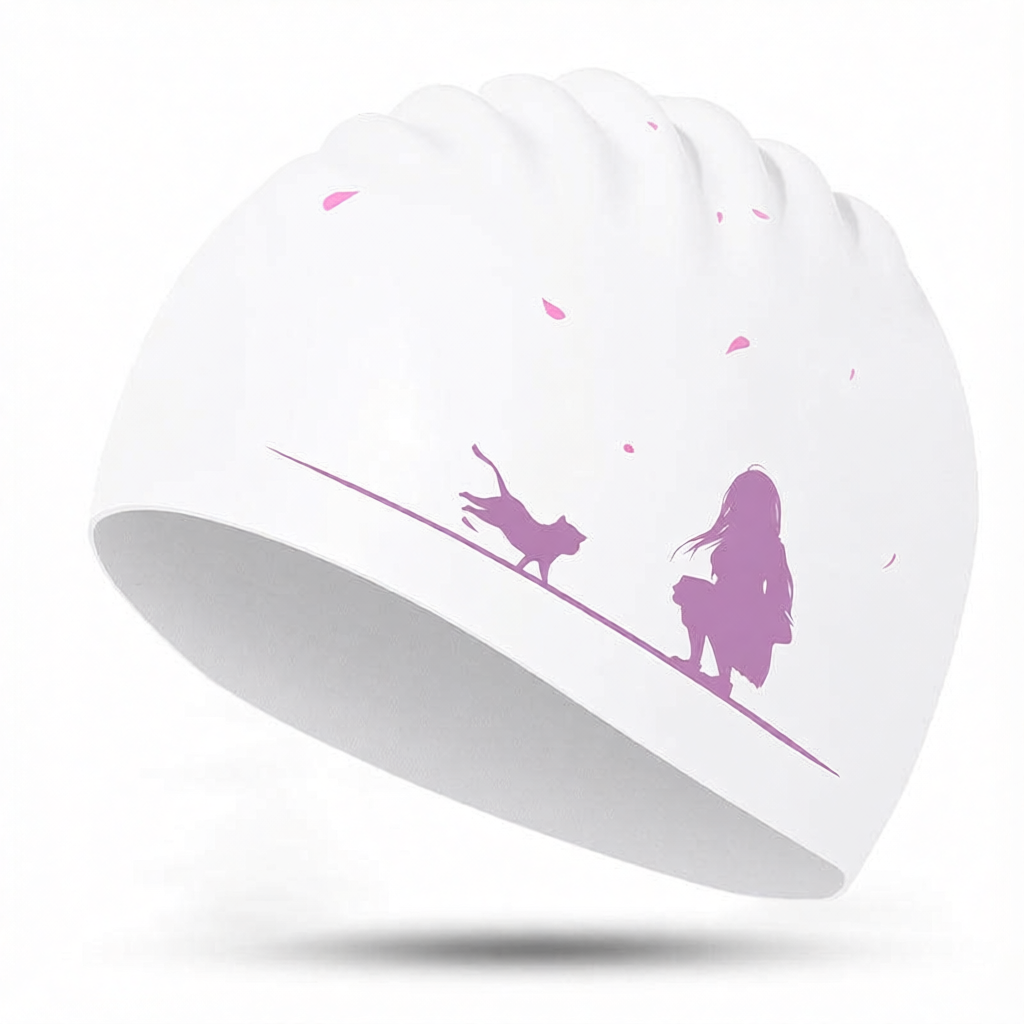 Silicone Swim Cap with Floral Ear Decor and Adjustable Strap