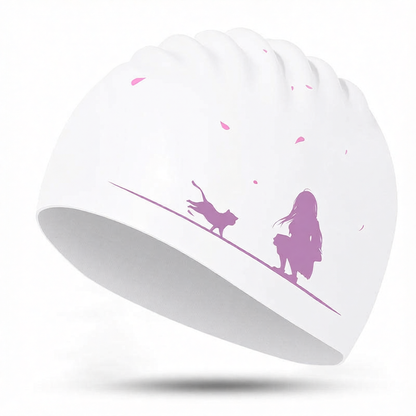 Silicone Swim Cap with Floral Ear Decor and Adjustable Strap