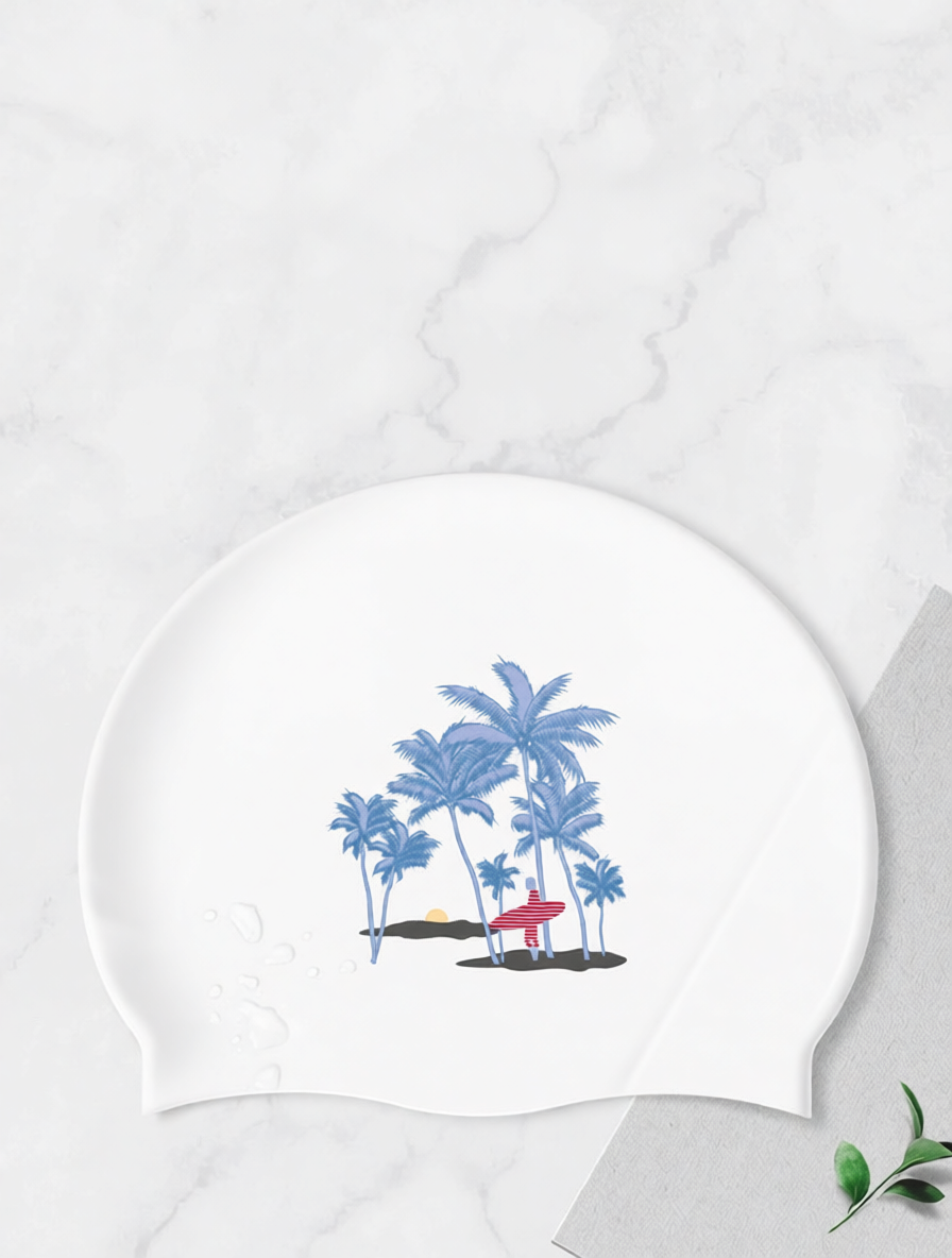 Cotton Blend Printed Swim Cap with Tropical Palm Design for Women