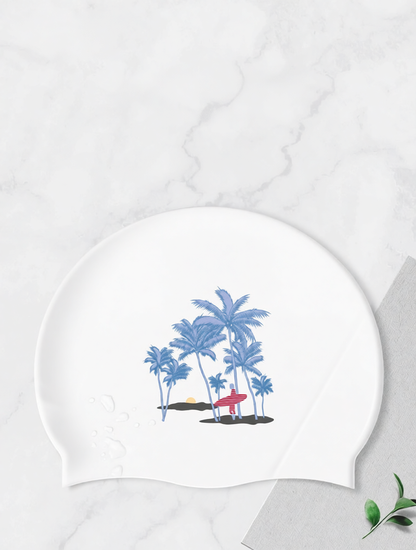 Cotton Blend Printed Swim Cap with Tropical Palm Design for Women