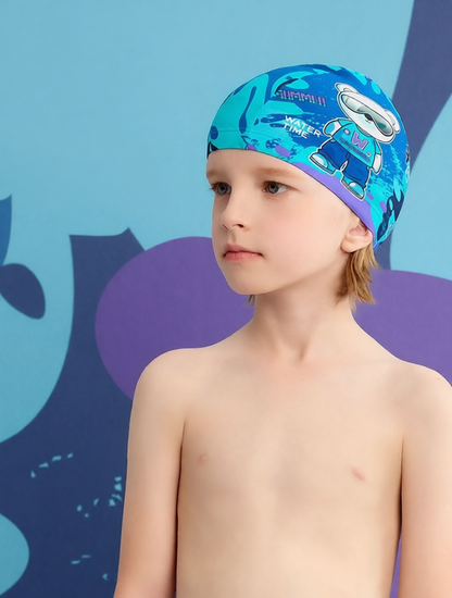 Cotton Swim Cap for Kids with Cartoon Print - Comfortable, Waterproof Swim Hat for Pool and Beach Activities
