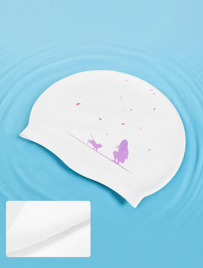 Silicone Swim Cap with Floral Ear Decor and Adjustable Strap