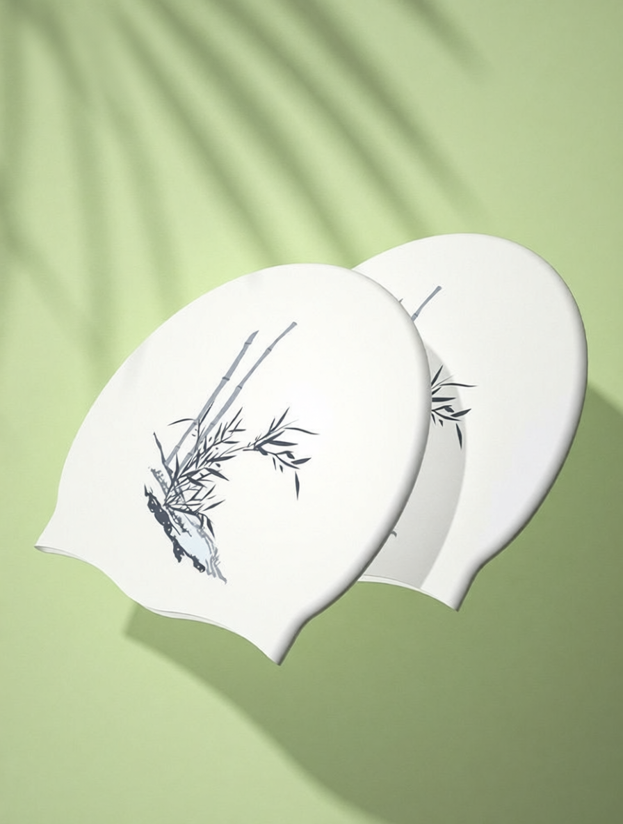 Cotton Blend Floral Swim Cap with Elegant Plum Blossom Design for Women