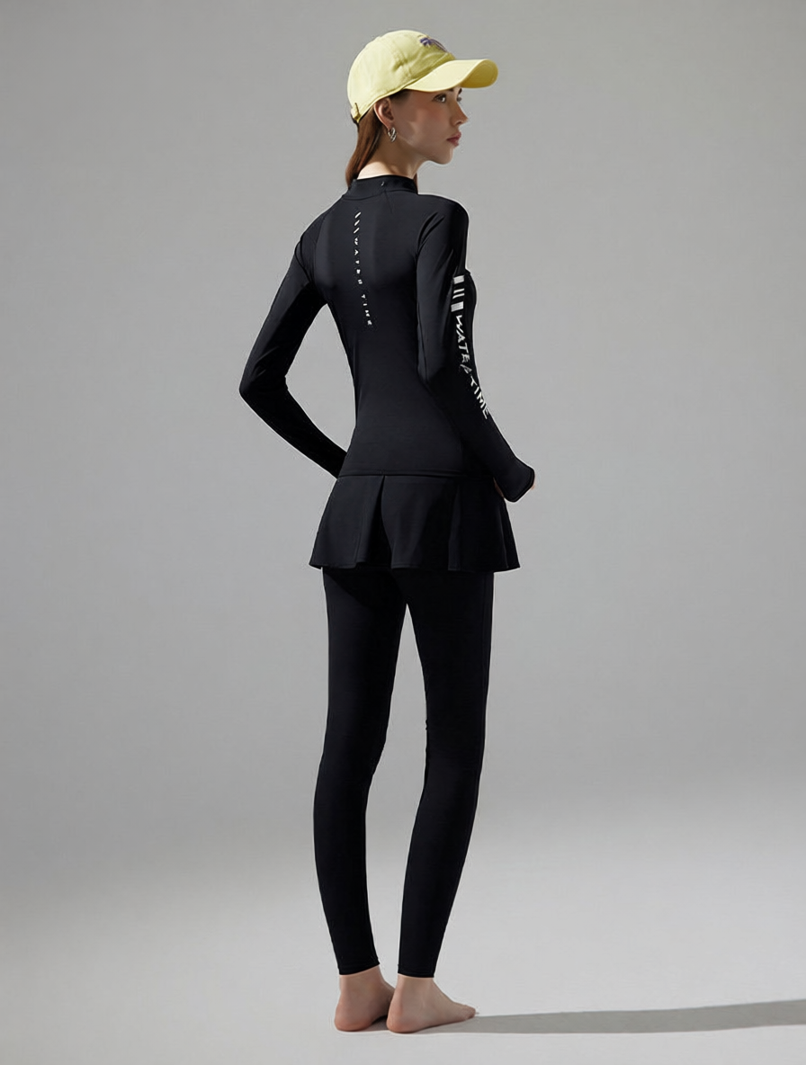 Quick-Dry Spandex Surfing Rash Guard with Flounce Hem Long Sleeve Swim Top for Women