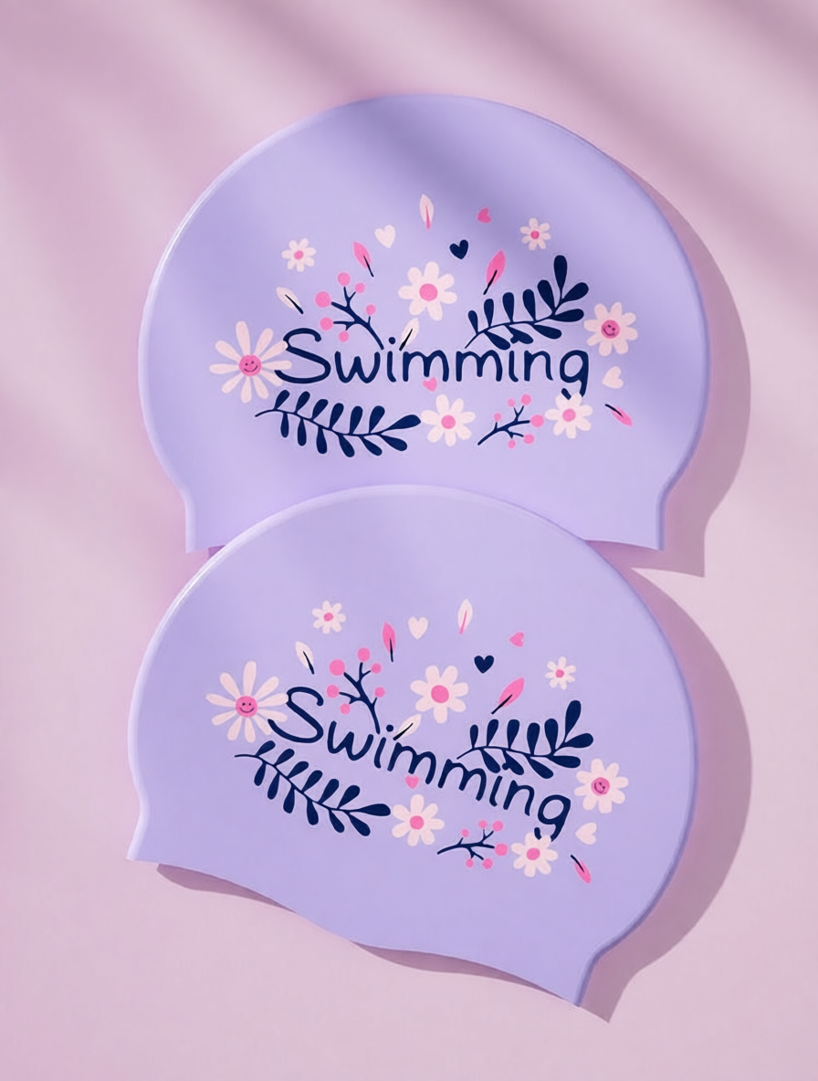 Cotton Blend Swimming Cap with Floral Print and "Swimming" Text Design for Women