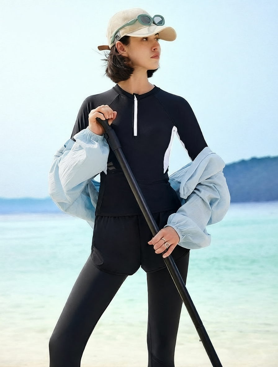 Quick-Dry Polyester Long Sleeve Swim Suit with UV Protection and Zipper Front Design