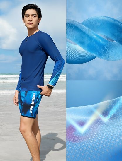 Quick-Dry Polyester Men's Long Sleeve Rash Guard Swim Shirt with UV Protection and Blue Gradient Design