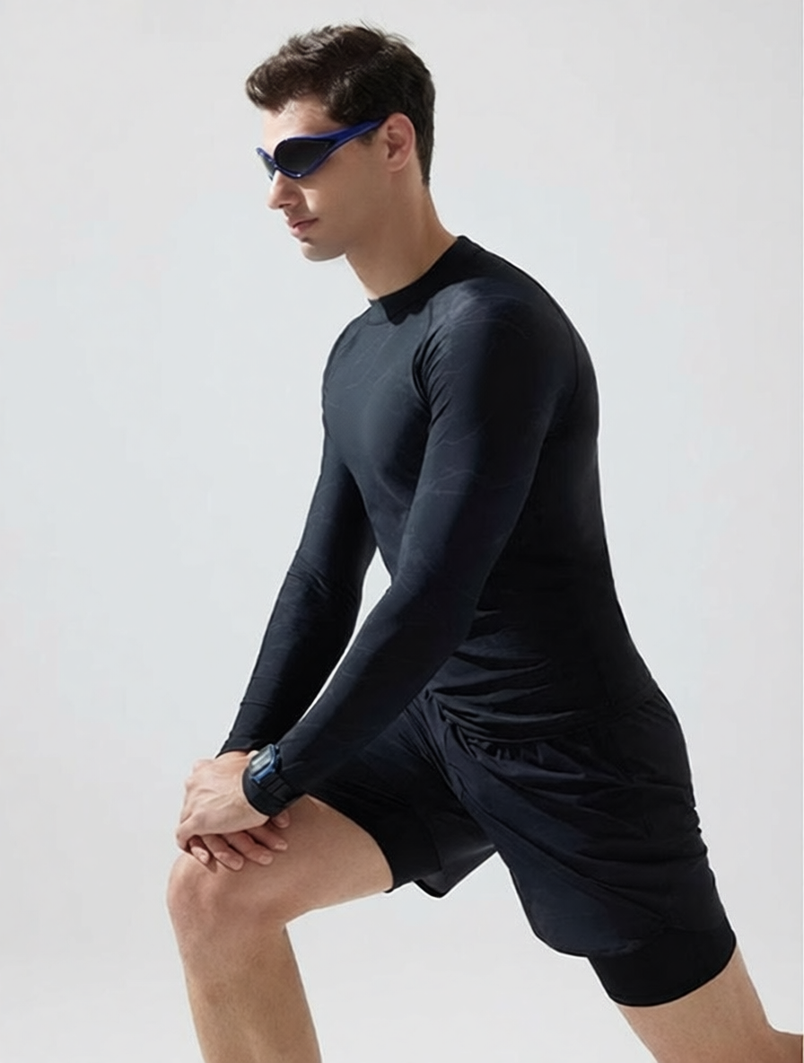 Quick-Dry Polyester Men's Long Sleeve Surf Rash Guard with UV Protection