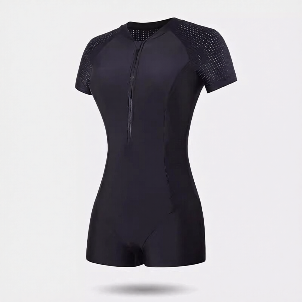 High-Performance Neoprene One-Piece Swim Suit with Zipper Front and Short Sleeve Design for Women