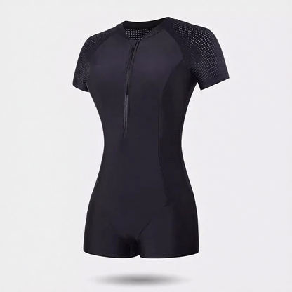 High-Performance Neoprene One-Piece Swim Suit with Zipper Front and Short Sleeve Design for Women
