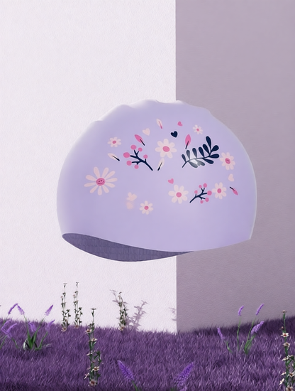 Cotton Blend Swimming Cap with Floral Print and "Swimming" Text Design for Women