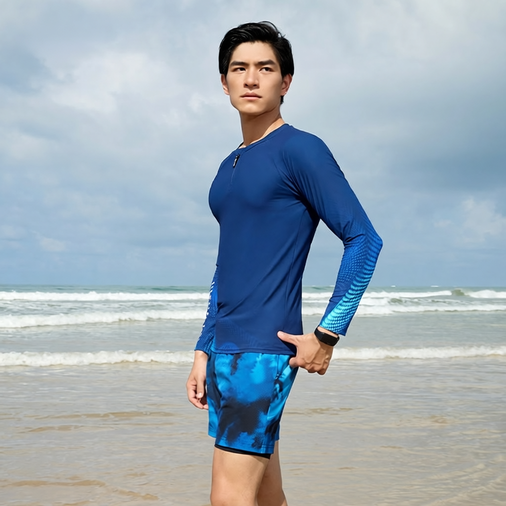 Quick-Dry Polyester Men's Long Sleeve Rash Guard Swim Shirt with UV Protection and Blue Gradient Design