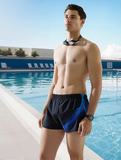 Quick-Dry Polyester Men's Swim Trunks with Blue Gradient Design for Pool and Beach Activities