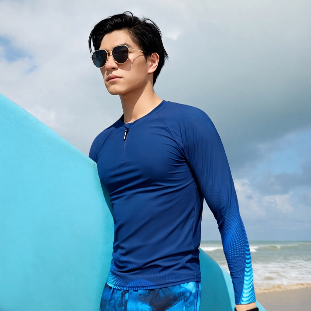 Quick-Dry Polyester Men's Long Sleeve Rash Guard Swim Shirt with UV Protection and Blue Gradient Design