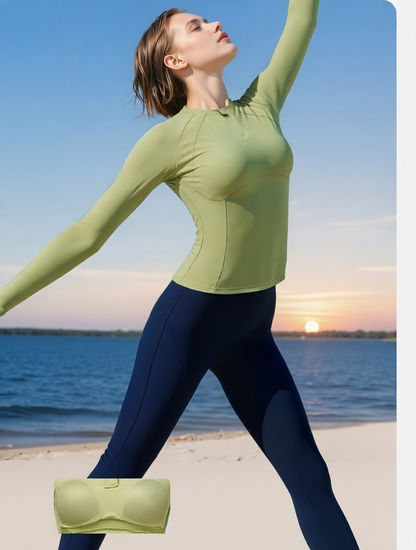 High-Performance Moisture-Wicking Long Sleeve Yoga Top with Zipper Neck in Olive Green