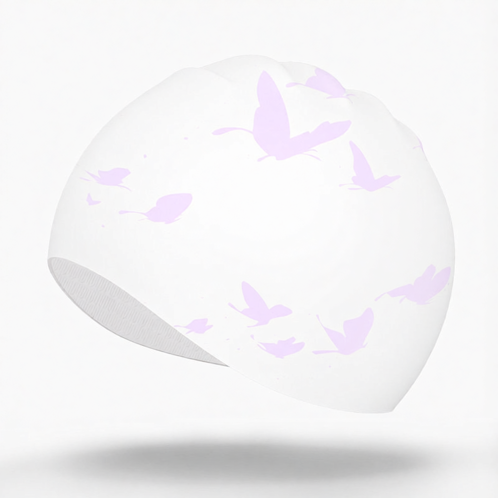 Silicone Swim Cap with Butterfly Print - Water Time Design for Women and Girls